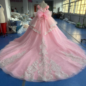 Magníficos Vestidos de Novia Modernos Rosados de Manga Larga con Cola Capilla, Escote Corazón, Espalda Descubierta, Adornados con Cuentas, Estilo Princesa, Personalizados - Product Image 6