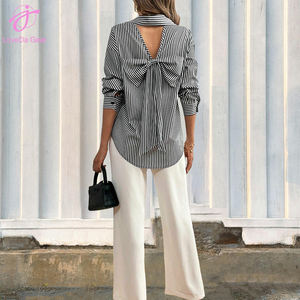 Camicia Loveda estiva da donna, casual, a righe bianche e nere, con fiocco sulla schiena e bottoni sul davanti, a maniche lunghe, molto venduta. - Product Image 2