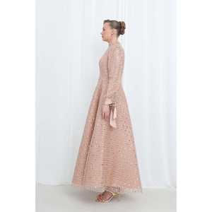 Elegante Vestido de Noche de Satén con Lentejuelas para Mujer, Cuello Alto, Corte en A, Detalle de Lazo, Hecho a Mano, Color Azul Marino 17014ELB - Product Image 2