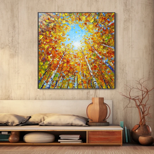 Dipinto Paesaggistico Autunnale su Tela, Foresta di Betulla Dipinta a Mano con Luce Solare, Arte Murale Acrilica per Casa - Product Image 2
