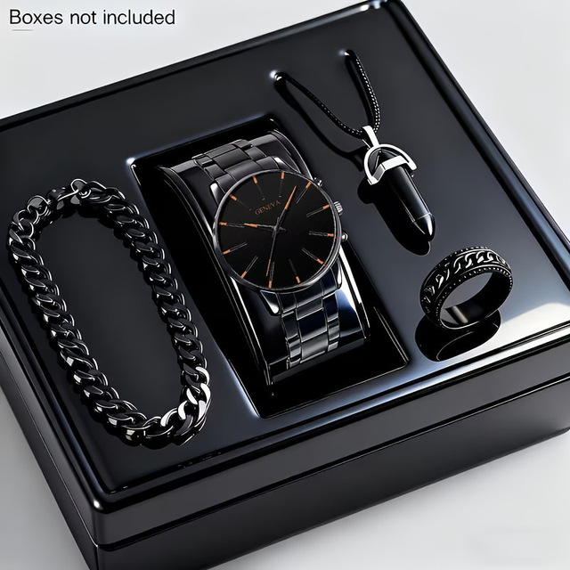 Fashion Men's 4 in 1 Watch Gift Set, Black Tone Minimalist Quartz Watch with Bullet Pendant Necklace, Chain and Cross Ring