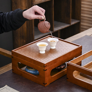 Caja de almacenamiento de doble capa tejida de bambú con tapa, organizador de escritorio para juego de té y tetera de arcilla púrpura, almacenamiento de tazas de té - Product Image 3
