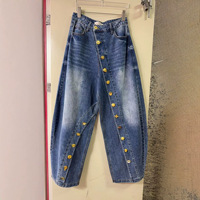 Jean évasé rétro américain pour femme, taille haute, jambe large, longueur ras du sol, avec boutons métalliques, style streetwear