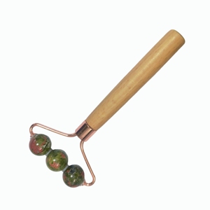 3-Round Bead Green Stone Facial Roller - Solid Wooden Handled <b>Massager</b> with Rose Gold Bracket Unique Contour <b>Tool</b> for Skincare - Product Image 4