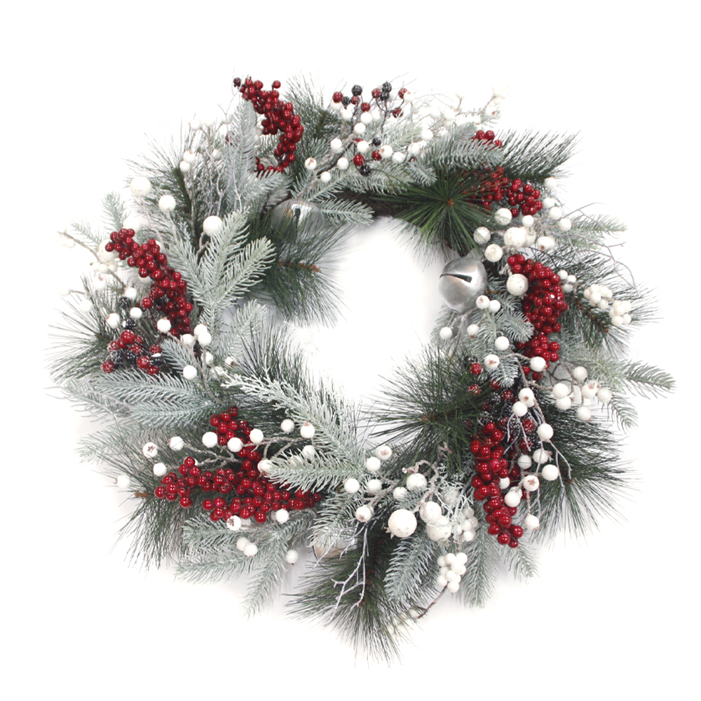 OEM custom design outdoor decoration PVC Christmas wreath artificial decoration with pin and berries