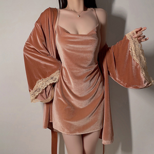 Đồ ngủ nữ thương hiệu Lingerie, váy ngủ ren gợi cảm không lưng, áo choàng nhung ngọt ngào, dây đeo lưng thun, dài đến đầu gối - Product Image 3