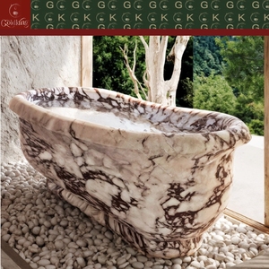 Bañera Ovalada Independiente de Mármol Calacatta Viola GOLDKING de Lujo para Baño Principal con Borde Elevado, Fabricada con CNC - Product Image 6