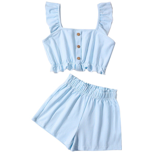 Completi Estivi <span class=keywords><strong>per</strong></span> Bambine, Set Carino con Maglietta a Righe con Volant in Maglia e Pantaloncini, Outfit in 2 Pezzi <span class=keywords><strong>per</strong></span> Uso Quotidiano e Feste - Product Image 2