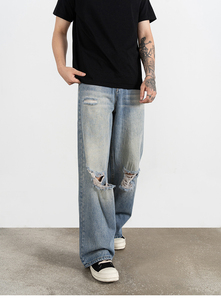 <strong>Custom</strong> <strong>Label</strong> Drop Ship Stock Street Wear Stock Baggy <strong>Jeans</strong> Manufacturer Men Blue Painted Stacked Flared Denim <strong>Jeans</strong> - Product Image 4