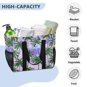 Low Moq Black Handles Canvas Fabric Grocery Shopping Bag <b>Large</b> Tropical Palm Tree <b>Print</b> Beach Tote Bag With Mesh Side Pockets - Product Image 5