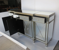 Buffet en bois massif avec miroir pour salon ou chambre, avec 4 portes et 3 tiroirs, en or ou en argent