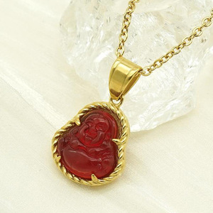 Nuova Collana con Ciondolo Buddista in Acciaio Inox Placcato Oro 18K, Design <span class=keywords><strong>Buddha</strong></span> Maitreya con Pietre in Vetro Colorato - Product Image 3