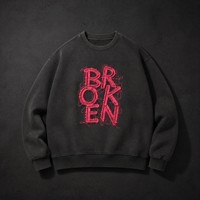 Sweat-shirt oversize unisexe à col rond délavé, broderie BROKEN, surpiqûres roses, en coton épais, style streetwear, personnalisé