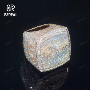 Kustom Vvs Moissanite cincin Hip Hop Ice Out bulat potongan brilian berlian 925 perak emas berlapis huruf cincin awal untuk pria wanita