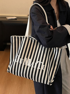 2025 của phụ nữ công suất lớn lười biếng phong cách sọc <span class=keywords><strong>Tote</strong></span> Túi Thích hợp thiết kế dây kéo đóng cửa thời trang vải Polyester - Product Image 6
