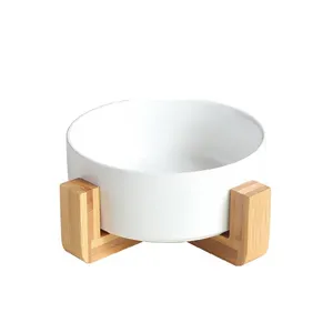 MewooFun Manufacturer Wholesale Pet Food Bowl White Raised Ceramic Cat Bowl With Wooden Frame