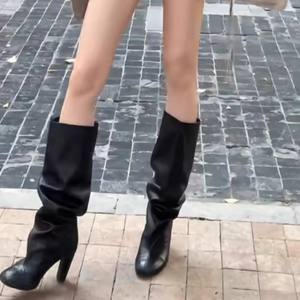 In Stock Chunky Heel Slouchy <b>Boots</b> for Women Over-the-Knee High Heel Tall <b>Boots</b> 2025 Autumn-Winter Black Ruched Riding <b>Boots</b> - Product Image 4