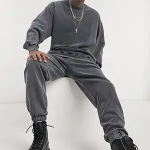 Custom Plain Vintage Black Acid Wash Track Suit Mens Clothing Washed Tracksuits 2 Peice Set sweatshirt Jumper Jumpsuit