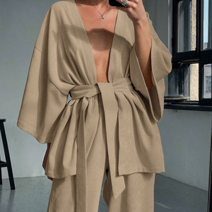 Роскошный модный вельветовый пижамный комплект с <span class=keywords><strong>V</strong></span>-образным вырезом, мягкий, с индивидуальным логотипом, длинный, из 2 предметов, на заказ, для женщин - Product Image 3