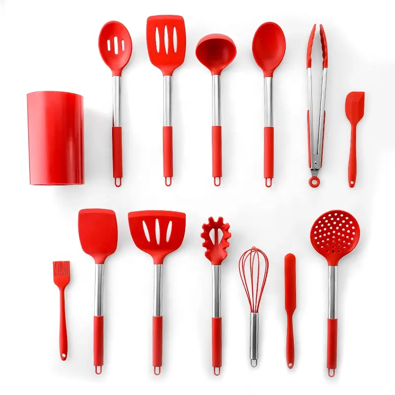 Casa y accesorios de cocina de silicona, utensilios de cocina de acero inoxidable con mango de 14pcs