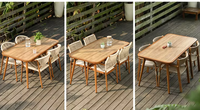 Ensemble de salle à manger d'extérieur en rotin style bohème, table en bois massif et chaises en osier pour patio, balcon et restaurant