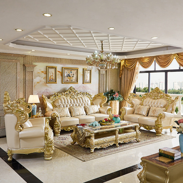 European Royal Living Room Furniture Sofa Set French Luxury Classic Carved Wooden Gold Frame Genuine Leather 1 2 3 Seater Sofa