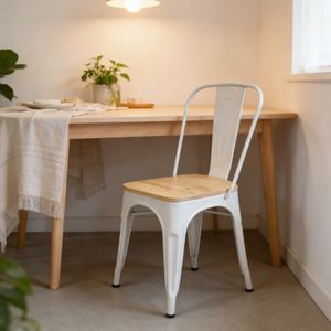 Sedia da pranzo per interni ed esterni, bianco perla, con struttura in metallo e seduta in legno, impilabile, per fattoria, caffè, ristorante, bistrot, patio - Product Image 4