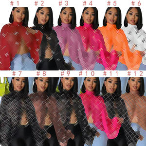 DD0038 Европейский Американский Женский Повседневный модный летний топ, сексуальный прозрачный сетчатый топ с рукавом летучая мышь, обтягивающий галстук спереди - Product Image 2