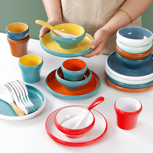 Juego de Platos y Cucharas de Porcelana de Melamina, Tazones Pequeños Redondos de Color Sólido, Vajilla para Hotel y Restaurante, Juego de Vajilla para Uso Diario - Product Image 1
