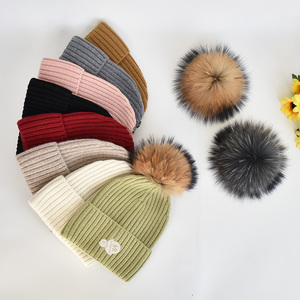 Individuelles Logo Damen Winter Wollmütze <span class=keywords><strong>mit</strong></span> Breitem Bund und <span class=keywords><strong>Echtem</strong></span> Fell-<span class=keywords><strong>Bommel</strong></span> Unisex Warme Gestreifte Bommelmütze Mädchen Freizeitmütze - Product Image 6
