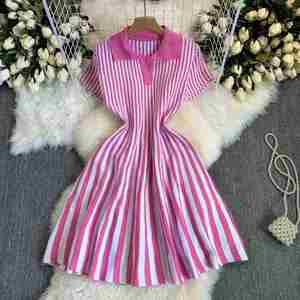 Maxfree Striped Knitted Polo Neck A-Line Midi <b>Dress</b> Short Sleeve Casual Summer <b>Dress</b> Breathable Regular Fit - Product Image 2