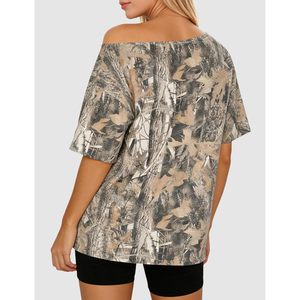 FOXA Women Off Shoulder Camo T Shirt Short Sleeve Oversized Boat Neck <b>Top</b> Summer Breathable Jersey Print - Product Image 4