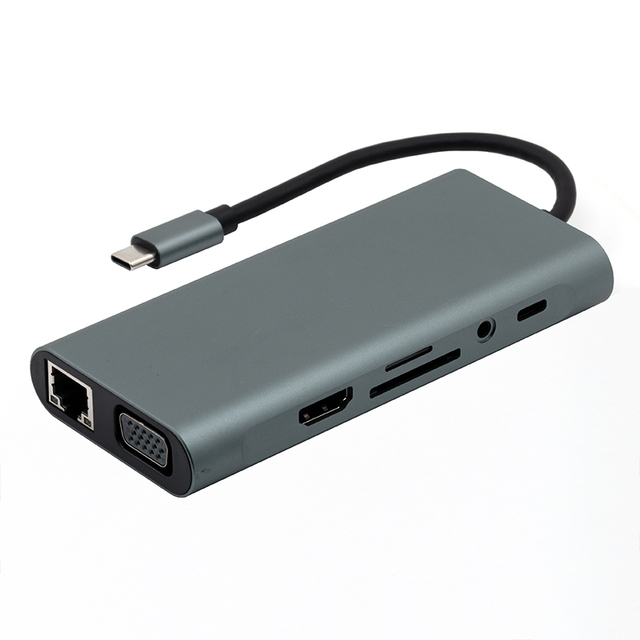 10 in 1 Type C Hub 4K HDTV VGA USB3.0 SD/TF 100Mbps Ethernet USB C Adapter Docking Station for Laptop