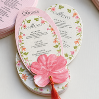 Kartu Menu Souvenir Pernikahan Premium Buatan Tangan dengan Embos Huruf Cinta, Motif Bunga Pink Oval, Rumbai, Kertas Seni Watercolour Edisi Terbatas