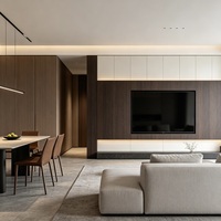 Meuble TV moderne en mélamine pour salon, avec étagères ouvertes LED et charnières à fermeture douce, idéal pour la rénovation écologique complète de la maison
