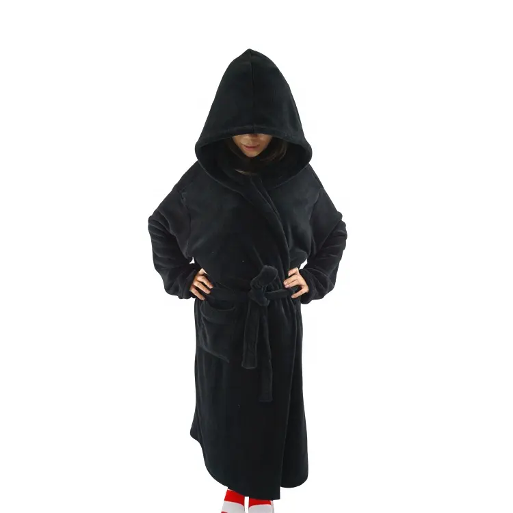 Wholesale Black Plush Fluffy Thick Unisex Bath Robe Ladies Dressing Gown Fluffy Hooded Bathrobe