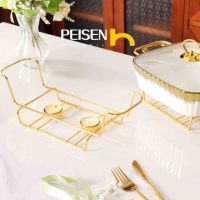 Plat de service rectangulaire en céramique de 13 pouces avec couvercle en verre, support doré et double chauffe-plat à bougies pour buffet de mariage et traiteur