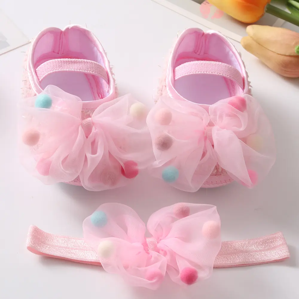 Bebek ayakkabıları saç bandı seti avrupa ve amerika birleşik devletleri sevimli yay prenses ayakkabı 0-3-6-9-12 ay bebek ayakkabı
