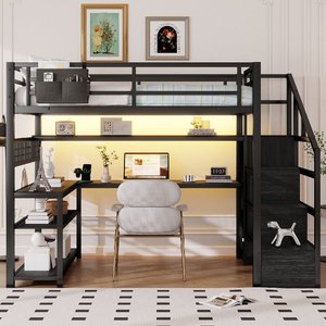 Lit mezzanine pleine taille avec escalier et armoire, lit mezzanine avec bureau, étagères de rangement, éclairage LED et station de charge, ODM/OEM - Product Image 2