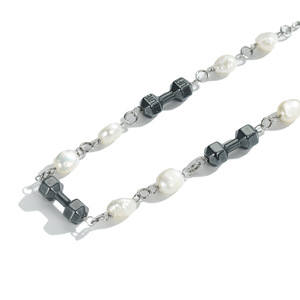 Baroque Pearl Black Dumbbell Necklace Titanium Steel Chain Geometric Design Daily Wear Party Accessory - Product Image 3