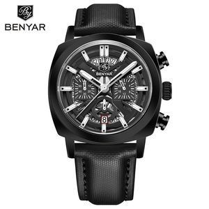 Montre chronographe squelettée Benyar 43 mm, date lumineuse, quartz analogique pour homme, bracelet en cuir noir, étanche 50 m - Product Image 1