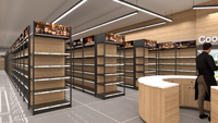 Ensemble complet d'agencements de magasin avec rayonnages gondoles, présentoirs et comptoirs de caisse