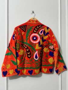 Handmade Sujani Embroidered Knitted Breathable Cotton <b>Quilted</b> Bomber Jacket Boho Folk Art Sustainable Winter Outerwear - Product Image 4