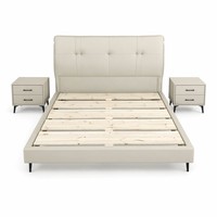 Lit Double de Luxe Tendance en Cuir Écologique Crème, Cadre Solide, Coussin Rembourré, pour Hôtel, Villa, Chambre Principale - Vente en Gros