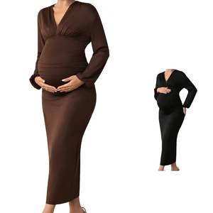 ชุดเดรสคลุมท้องแขนยาวคอวีลำลองสำหรับสตรีมีครรภ์เซ็กซี่สบาย - Product Image 1