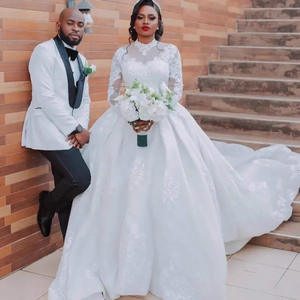 S0659N 2026 Новое, популярное свадебное платье А-силуэта с высоким воротом, кружевом, длинными рукавами и длинным шлейфом - Product Image 4