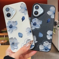 Nouvelle coque de téléphone portable en TPU motif fleur bleue, étui en cuir tendance, coque arrière pour iPhone 16 15 17 Air 18 Pro Max