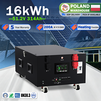 Batterie Lifepo4 48V 51.2V 314Ah 16kWh pour stockage d'énergie domestique, livraison DDP en Pologne, avec BMS JK V19 et chauffage, durée de vie à cycles profonds de plus de 8000 cycles