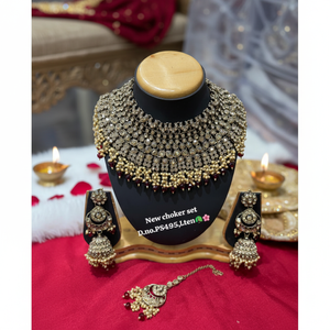 <b>Gold</b> Plated Pearl Ethnic Bridal Shadow Choker Necklace <b>Set</b> Earrings Maang Tikka Engagement Wedding Anniversary Third Party - Product Image 3