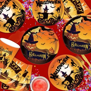 Nicro Halloween Accessories Party Supplies Tableware Paper Plate Cup Napkins Table Decor Disposable Party Paper Tableware Set